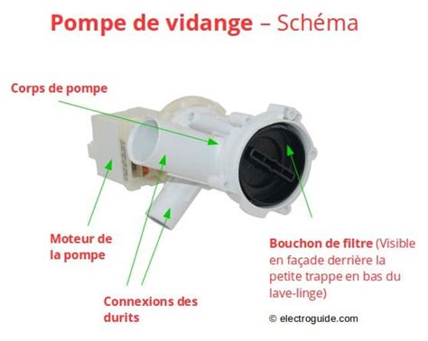 Schéma de la pompe de vidange et du filtre d'un lave-linge