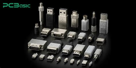 Représentation schématique de divers types de connecteurs SMT et THR