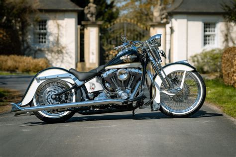 Gros plan sur la proue de la Harley-Davidson Springer Softail avec son phare chromé et les longs ressorts de fourche exposés.