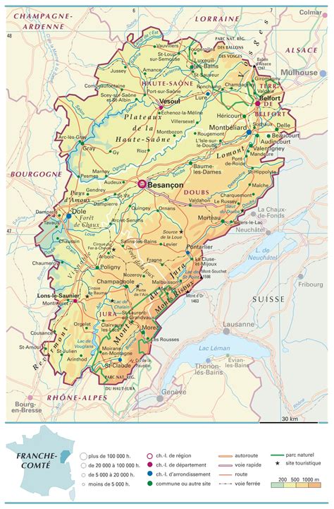 Carte de la Franche-Comté avec des points d'intérêt pour les balades moto
