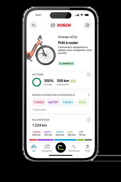 Schéma de l'interface de l'application eBike Flow sur un smartphone, montrant les différentes options de personnalisation et de sécurité.