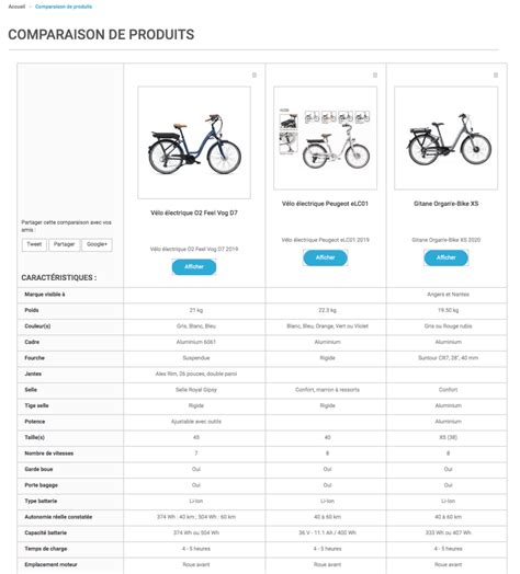 Schéma comparatif des caractéristiques des vélos électriques
