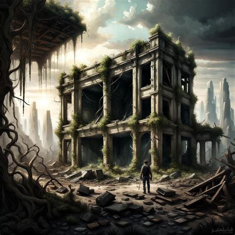 Illustration conceptuelle d'un monde post-apocalyptique envahi par la nature, avec des ruines de civilisation et des mutants en avant-plan.