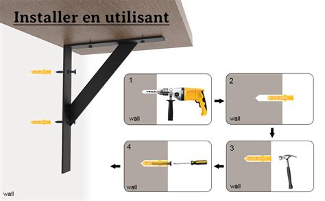 Vue éclatée montrant l'installation d'une étagère sur équerres avec les vis et chevilles.
