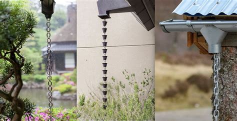 Chaîne de pluie décorative avec un design inspiré de la nature, canalisant l'eau de pluie.