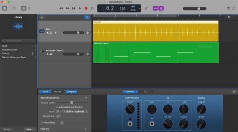 Capture d'écran de l'interface GarageBand montrant les contrôles d'ampli et de pédales d'effet