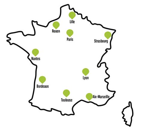 Carte de France avec des points indiquant les emplacements des biens immobiliers commerciaux gérés par Le Boutiquier