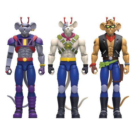 Illustration des trois souris motardes, Modo, Throttle et Vinnie, sur leurs motos futuristes