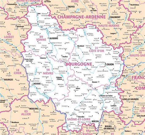 Carte de la région Bourgogne Franche-Comté avec un itinéraire de balade moto.