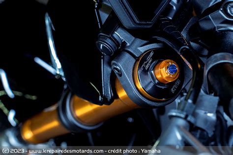 Détail de la fourche inversée réglable de la Yamaha FZ8
