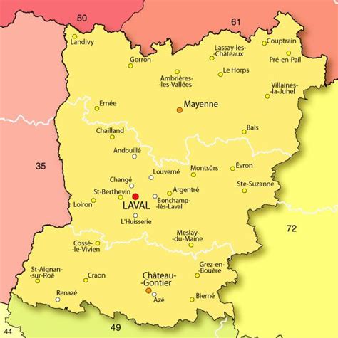 Carte de la Mayenne avec les principaux points d'intérêt touristiques et cyclables
