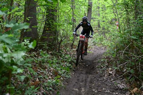 Vue aérienne du parcours de course VTT dans une forêt vallonnée