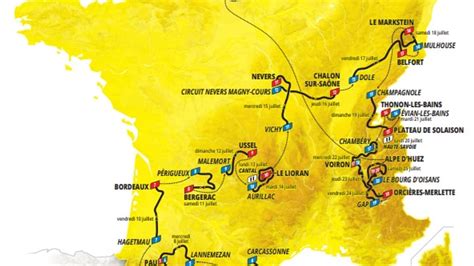 Carte du parcours du Tour de France 1930, avec les étapes remportées par Charles Pélissier mises en évidence.