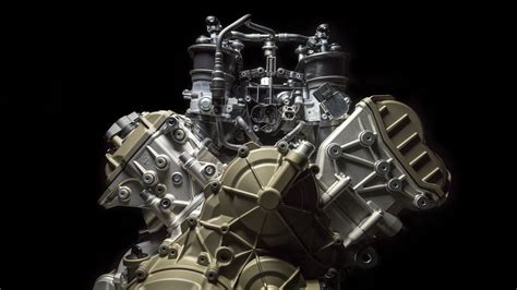 Schéma du moteur V4 Desmosedici Stradale, illustrant l'architecture en V à 90° et la distribution desmodromique.