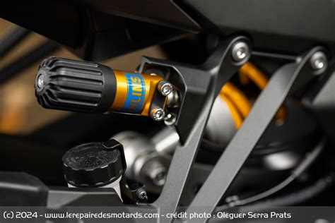 Détail de l'amortisseur arrière Öhlins S46 sur la Kawasaki Z900RS, illustrant sa conception technique.