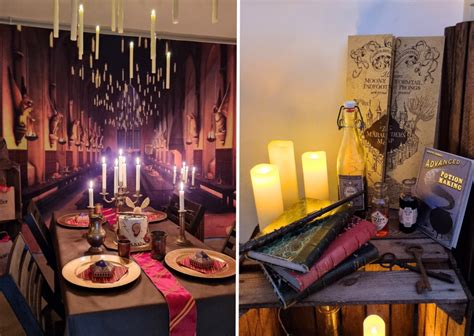 Table de fête dressée avec vaisselle, nappes et décorations sur le thème Harry Potter.