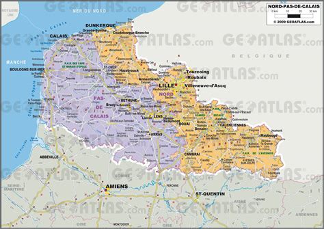 Carte du Nord-Pas-de-Calais avec les villes mentionnées : Lille, Douai, Lens, Calais