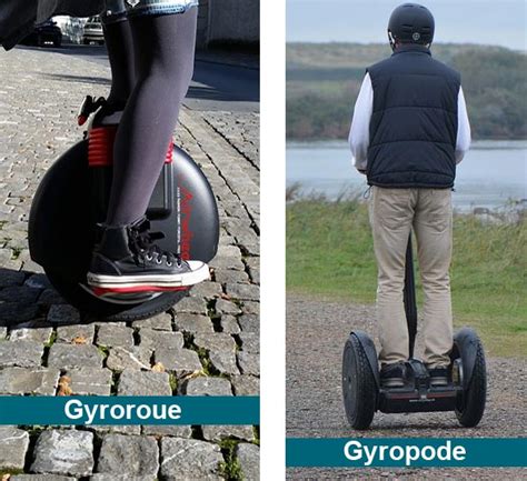 Illustration comparative montrant la différence d'encombrement entre un gyropode à deux roues et une monoroue