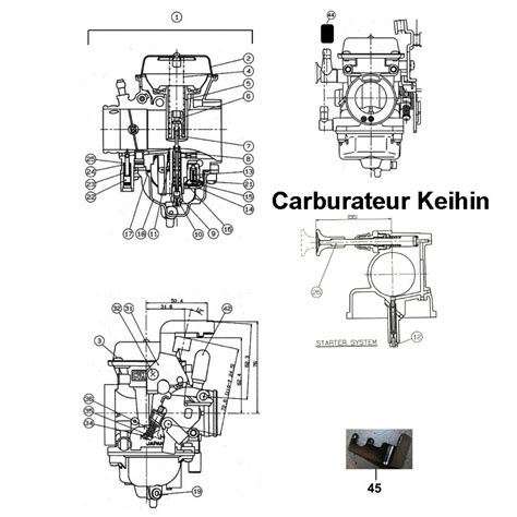 Schéma d'un carburateur Keihin FCR 39mm avec identification des principaux composants (gicleurs, vis de richesse, etc.)