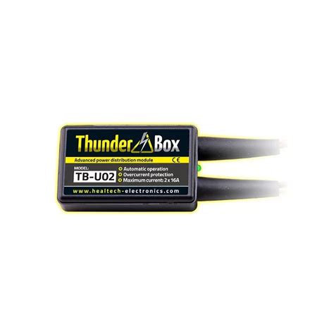 Illustration de la ThunderBox 2x16A Healtech connectée à divers accessoires moto