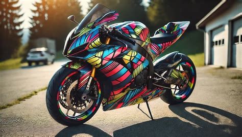 Moto avec un covering personnalisé, mettant en avant un design complexe et un film carbone
