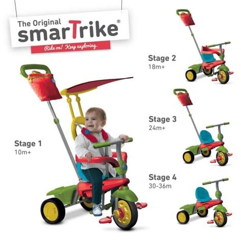 Illustration du tricycle Smartrike Zip Plus 4 en 1 dans sa configuration pour bébé, avec la canne parentale et les protections