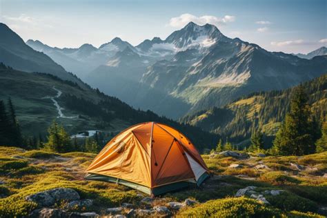 Illustration ou photo montrant une famille installant une tente dans un paysage pittoresque