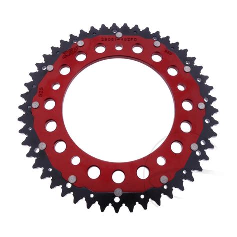 Vue rapprochée d'une couronne de moto ZF Dual mettant en évidence la conception bi-matière (moyeu aluminium, denture acier)