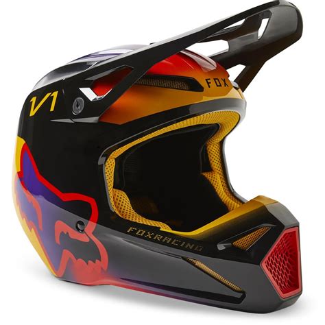 Illustration du casque Fox V1 avec des points d'explication sur ses caractéristiques techniques