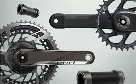 Détail du pédalier SRAM Red AXS avec ses plateaux et son axe DUB