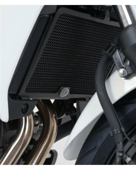 Vue éclatée ou montage de la protection de radiateur R&G sur une moto