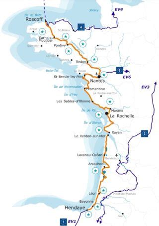 Carte générale de La Vélodyssée, tronçon français de l'EuroVelo 1, de Roscoff à Hendaye