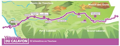 Carte de la Véloroute du Calavon indiquant le tracé entre Cavaillon et Apt, avec les points d'intérêt.