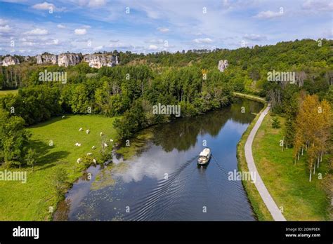 Un chemin de halage aménagé en voie verte le long du Canal de Bourgogne, avec des arbres ombrageant la piste.