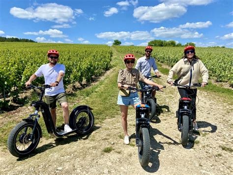 Guide diplômé encadrant un groupe en trottinette électrique tout-terrain dans un paysage de vignes.