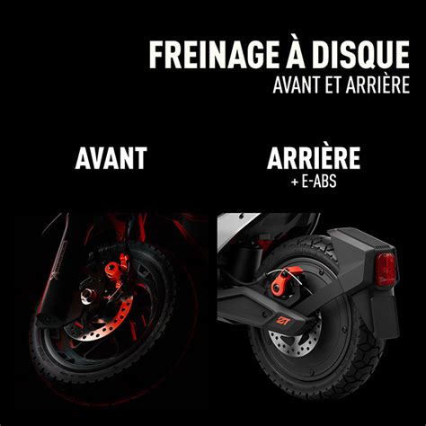 Vue rapprochée des freins à disque avant et arrière de la trottinette Segway ZT3 Pro E.