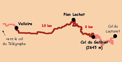 Carte du parcours de l'ascension du Col du Galibier par le versant sud depuis le Col du Lautaret.