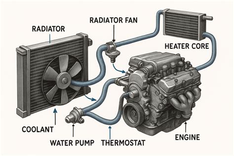 Illustration du circuit de refroidissement d'une moto avec indication des capacités.