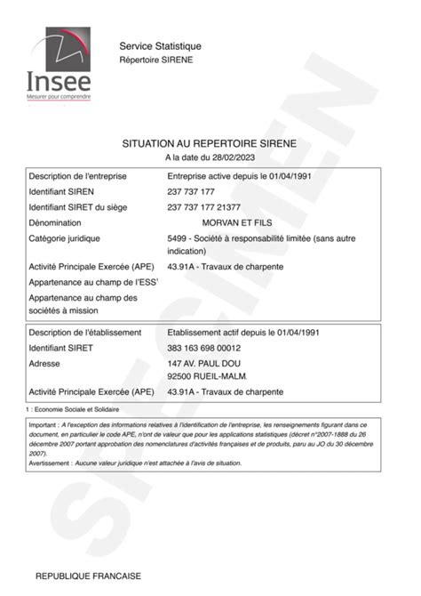 Exemple d'avis de situation Insee