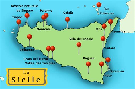Carte générale de la Sicile avec des points d'intérêt touristiques et cyclables