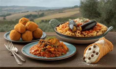 Photographie de divers plats siciliens typiques, tels que les Arancini