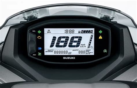 Gros plan sur le tableau de bord du Suzuki Burgman 650 Executive, montrant les compteurs analogiques et l'écran digital.