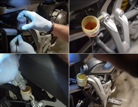 Photo d'un maître-cylindre de frein arrière de moto avec une flèche indiquant l'emplacement de la vis de purge.