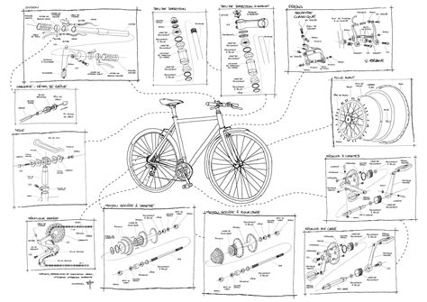 Vue éclatée d'un vélo montrant les différentes pièces détachées.
