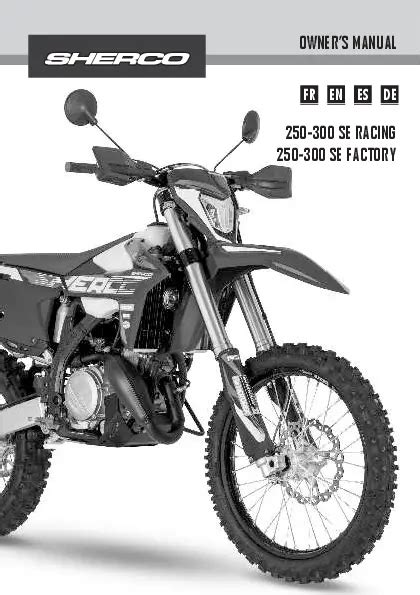 Illustration de la couverture du manuel du propriétaire Sherco 50 SM avec les différentes langues disponibles.
