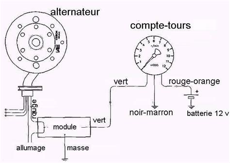 Schéma de branchement d'un compte-tours électronique sur une mob (simplifié)