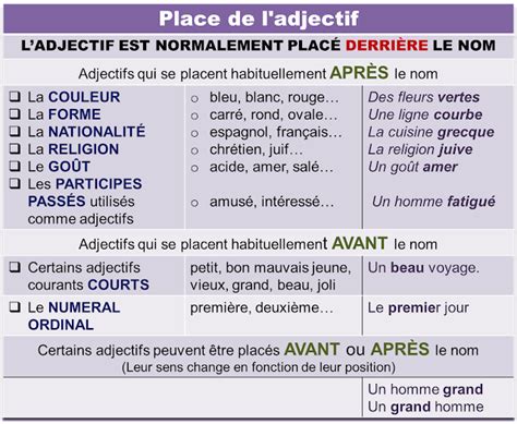 Infographie montrant la place de l'adjectif avant et après le nom dans un groupe nominal enrichi.
