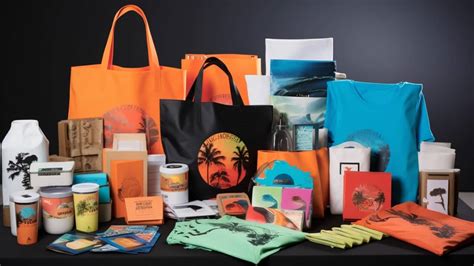 Visuel attrayant présentant une sélection de goodies promotionnels variés : sacs à dos, stylos, mugs, parapluies, écouteurs, avec des options de personnalisation.