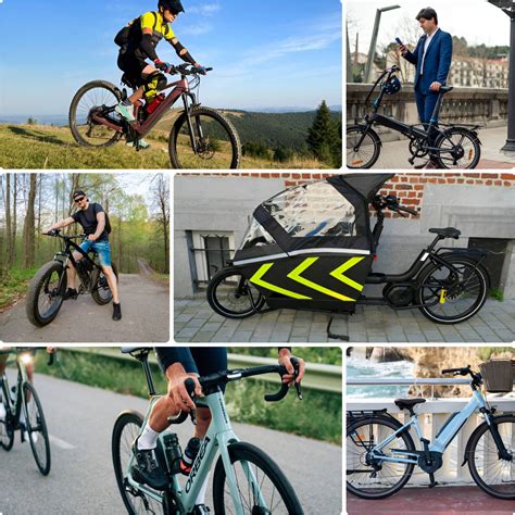 Collage de différents types de vélos (ville, électrique, fixie) et d'accessoires