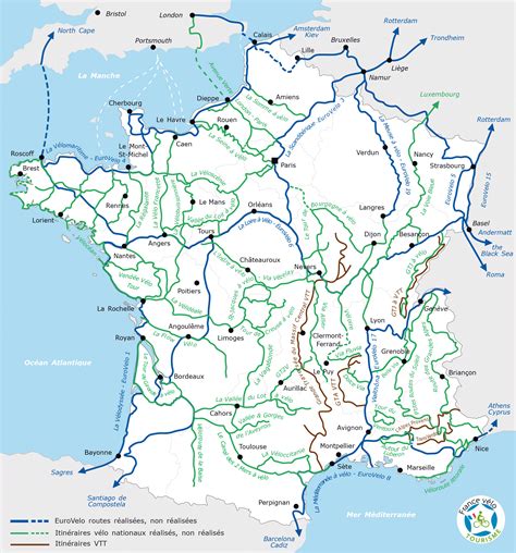 Carte de France mettant en évidence les principales véloroutes proposées